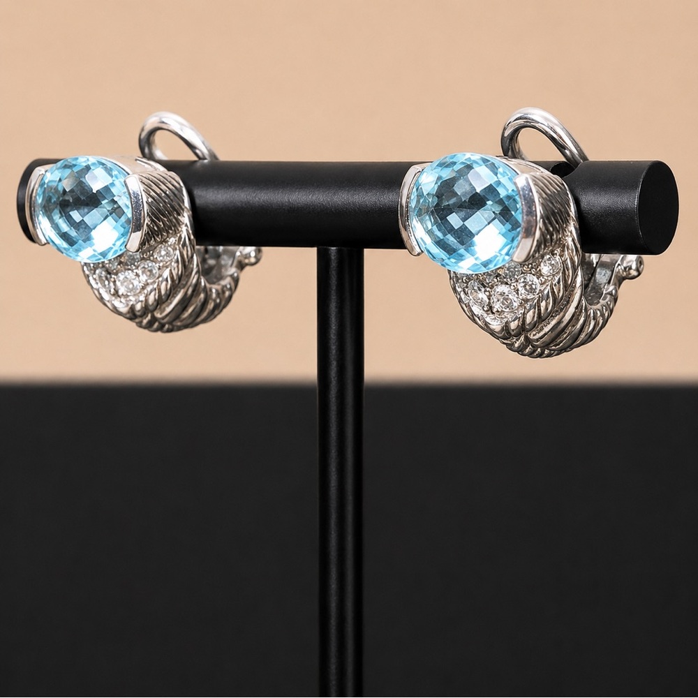 JUDITH RIPKA Sterling Silver Faceted Blue Topaz and CZ Omega Back Earrings